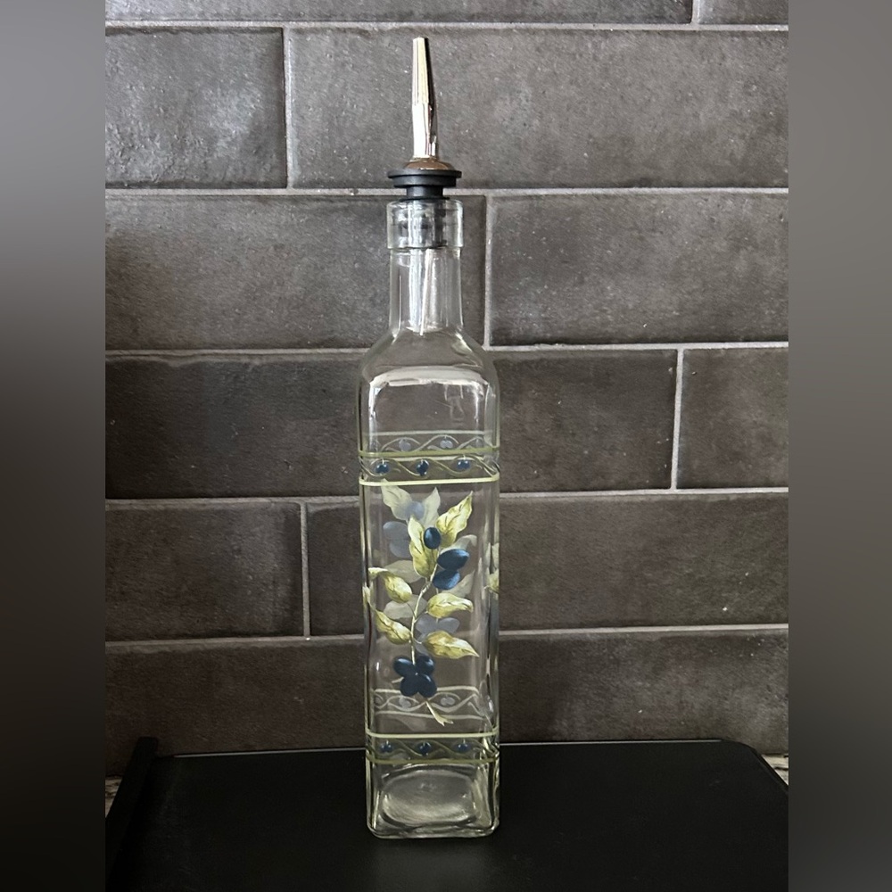 Olive Oil Dispenser Clear Glass Hand Painted Olive and Leaf Design 17 Oz